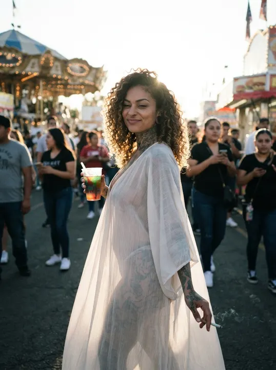 AI image: In a sheer white cover-up with a drink at a carnival at sunset