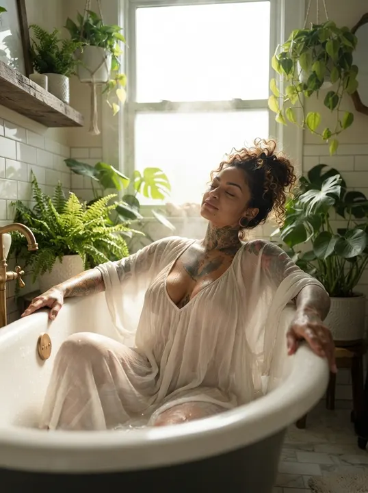 AI image: A woman relaxing in a clawfoot tub by a window
