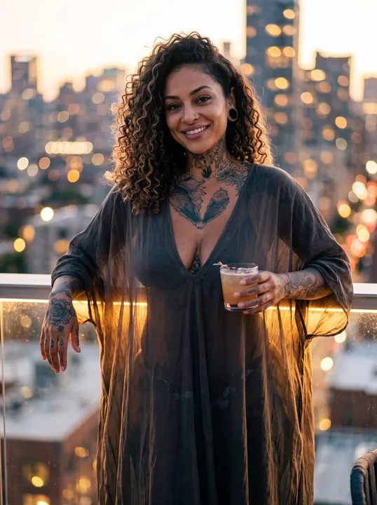 AI image: With a drink at a rooftop bar