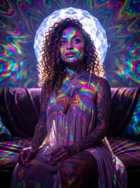 AI image: A psychedelic portrait with a rainbow halo