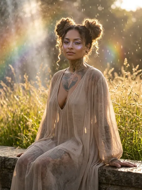 AI image: Rainbow mist in a meadow by a waterfall