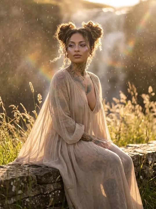 AI image: A woman in a sheer robe sitting in a sunlit field
