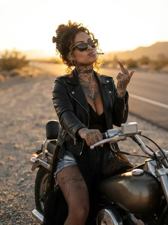AI image: On a motorcycle on a desert road, smoking
