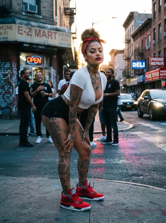 AI image: On a city street corner in red sneakers