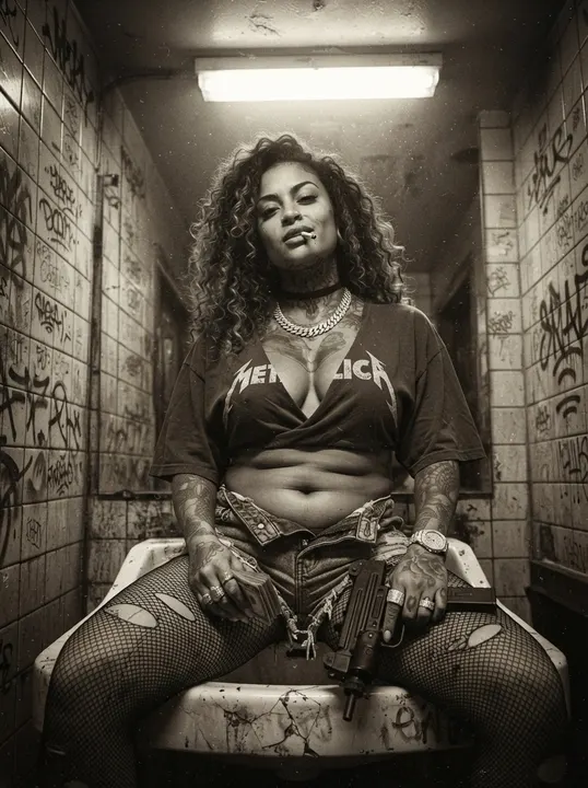 AI image: A woman seated in a graffiti-covered bathroom, in black and white