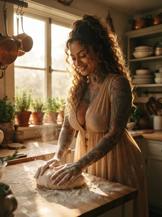 AI image: A woman kneading bread in a sunlit kitchen