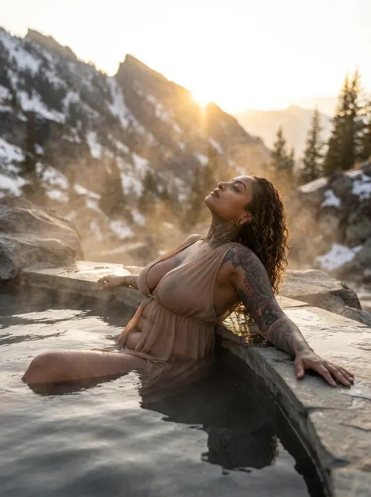 AI image: In a steaming hot spring in the snow
