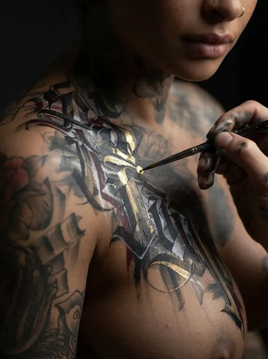 AI image: A brush finishing blackletter on her chest