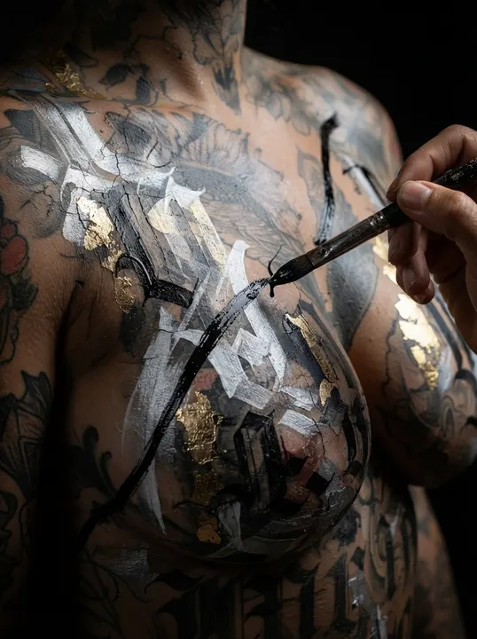AI image: Silver blackletter being painted across her chest