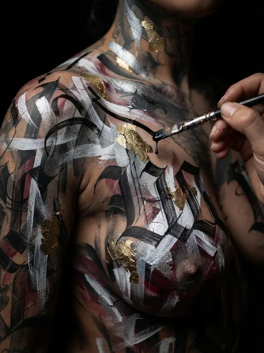 AI image: A brush outlining silver blackletter at her shoulder