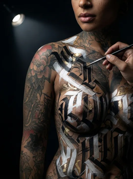 AI image: Silver blackletter down her torso under a work lamp