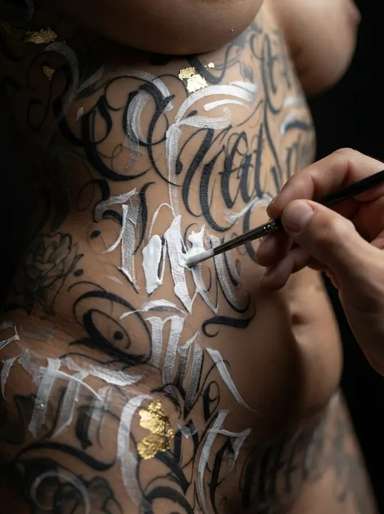 AI image: A brush painting silver script down her side