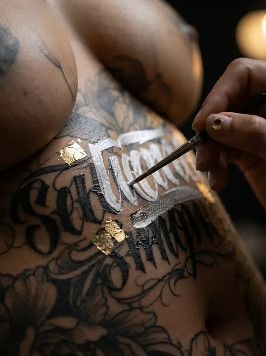 AI image: Silver script painted along her ribs