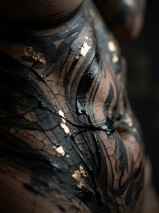 AI image: Close-up of cracked black and gold paint over lettering