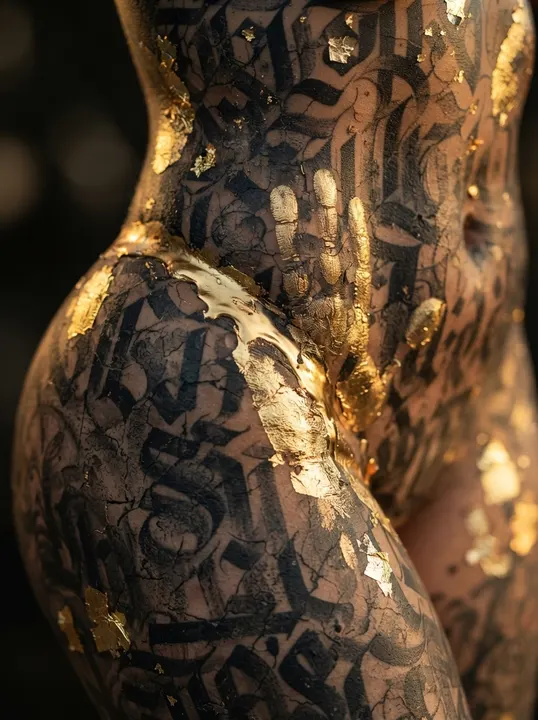 AI image: Close-up of gold-flecked lettering on her hip