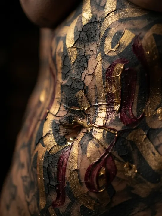AI image: Close-up of crackled gold lettering at her waist