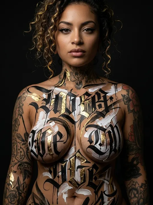 AI image: Portrait with white and black blackletter across her chest