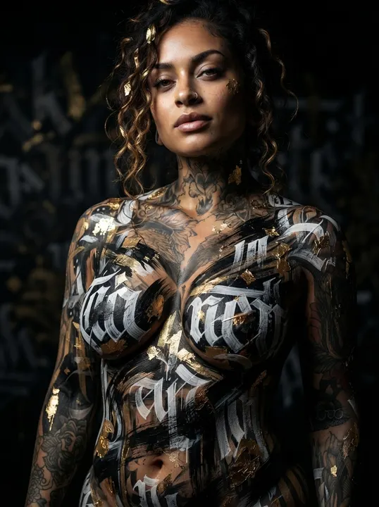 AI image: Portrait in silver and black lettering against a lettered wall