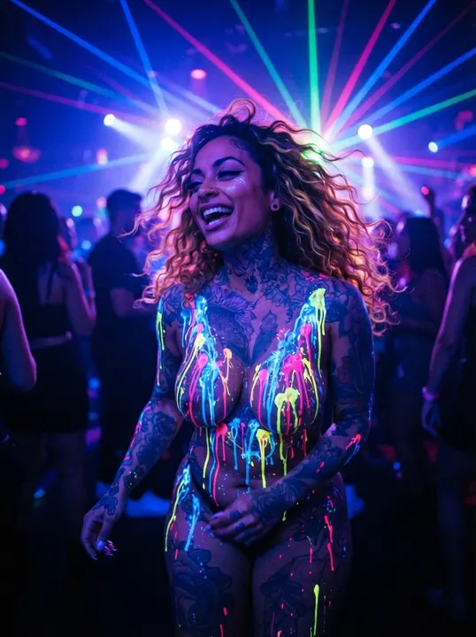 AI image: Neon paint dripping as she dances under lasers