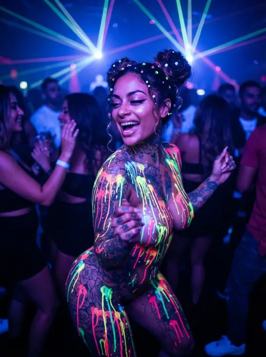 AI image: Neon paint glowing as she turns in the crowd