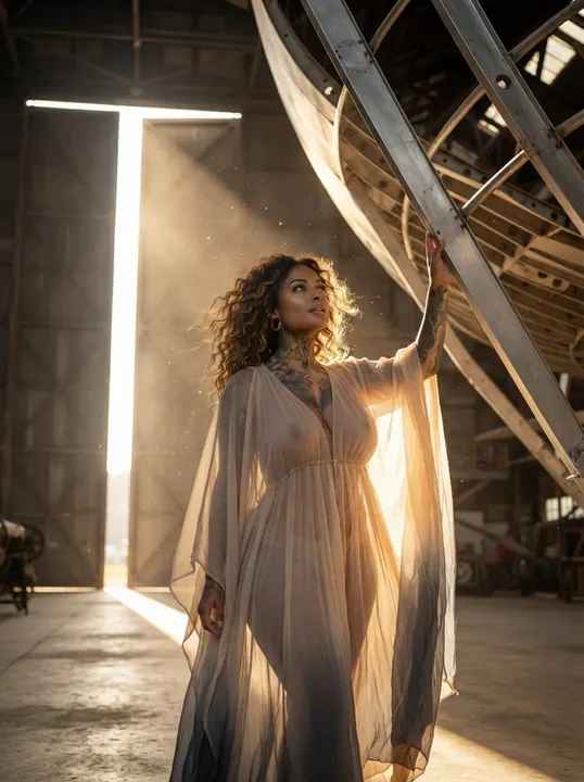 AI image: A sheer robe in a shaft of light in an old factory