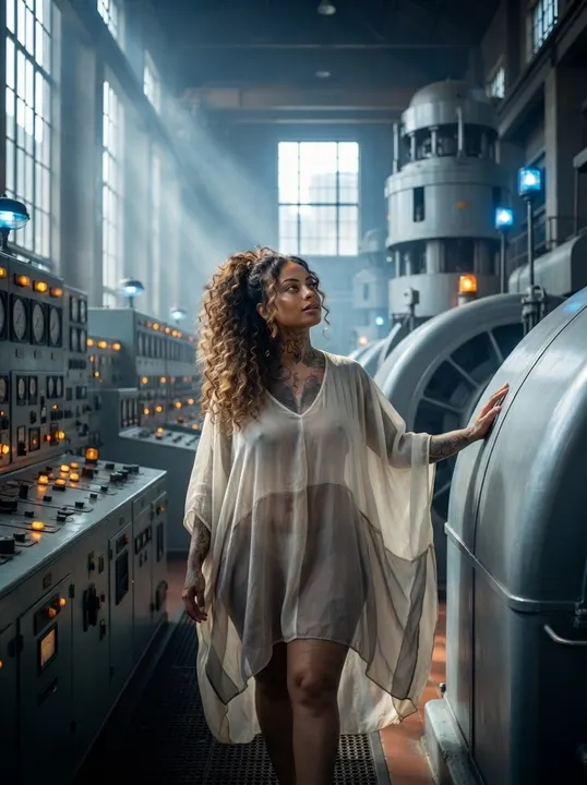 AI image: Touching a machine in an old power station
