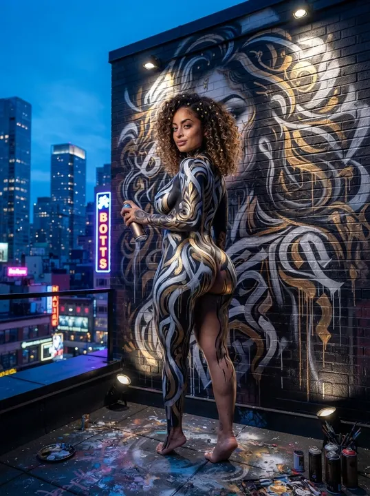 AI image: On a city rooftop at dusk, from behind, beside a lettered mural