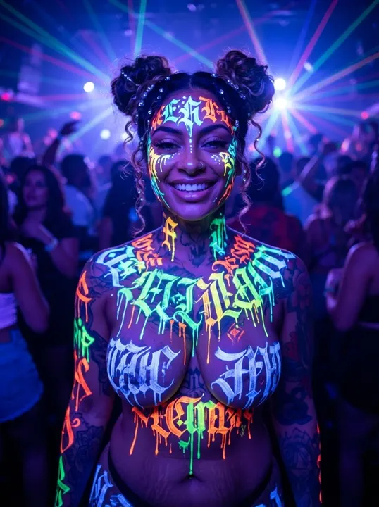 AI image: Laughing in a club, UV lettering across her chest