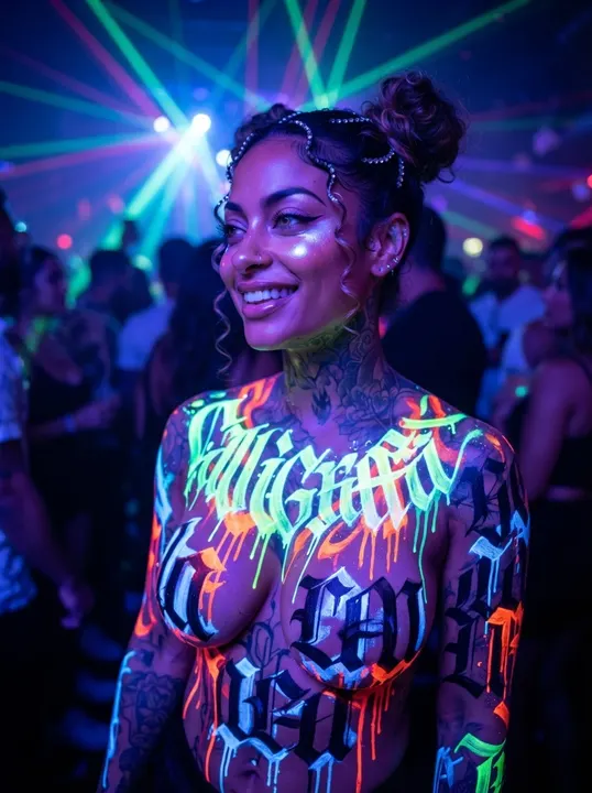AI image: In a club, glowing UV calligraffiti across her chest