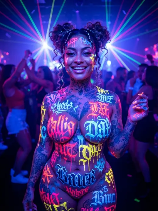 AI image: Dancing in a club in UV lettering head to toe