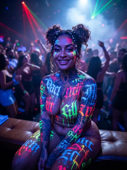 AI image: Seated in a club booth in glowing UV lettering