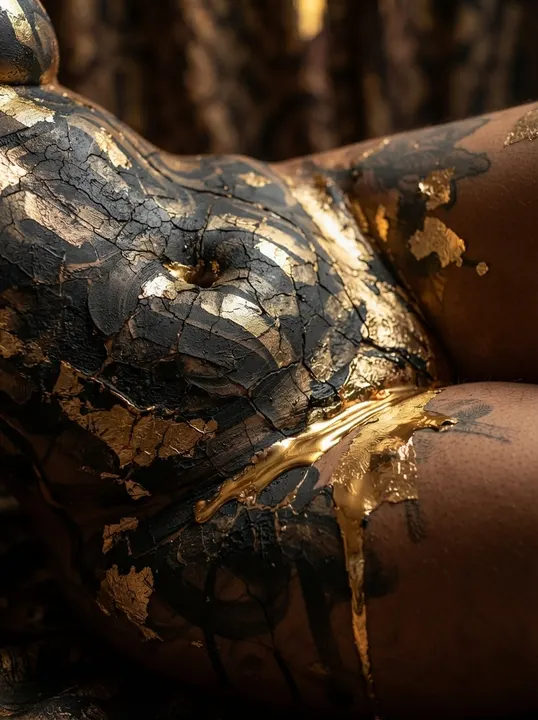 AI image: Cracked black and gold paint at her waist
