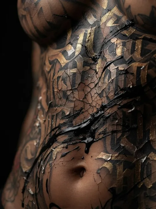 AI image: Black paint trickling over lettering on her stomach