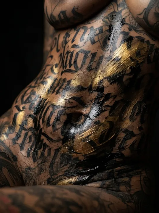 AI image: Close-up of layered lettering across her stomach