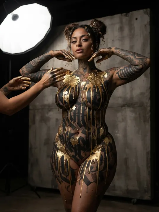 AI image: Posing in a studio, painted head to toe in dripping lettering