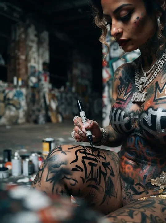 AI image: Painting lettering onto her own leg in a studio