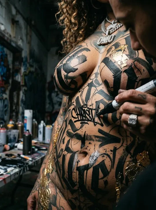 AI image: A marker signing the lettering on her side