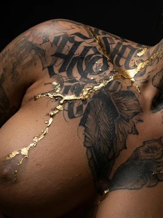 AI image: Gold veins dripping over lettering on her chest