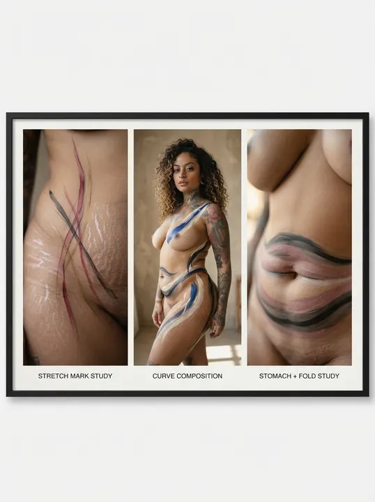 AI image: A framed triptych: stretch mark study, curve composition, stomach and fold study
