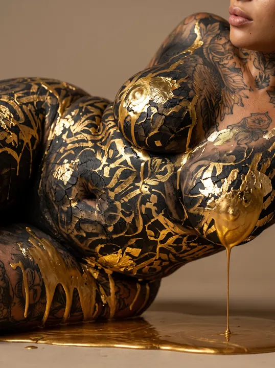 AI image: Gold and black lettering dripping onto a tabletop