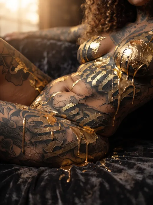 AI image: A woman lying down in gold and black calligraffiti body paint