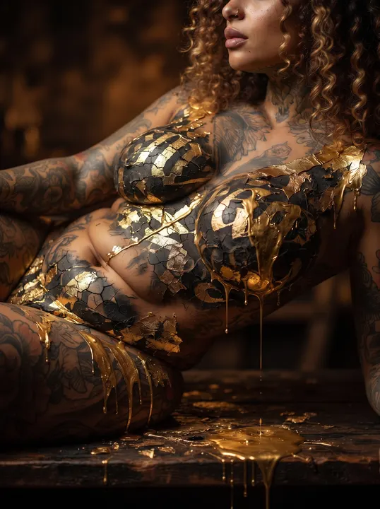 AI image: Gold calligraffiti body paint dripping as she reclines