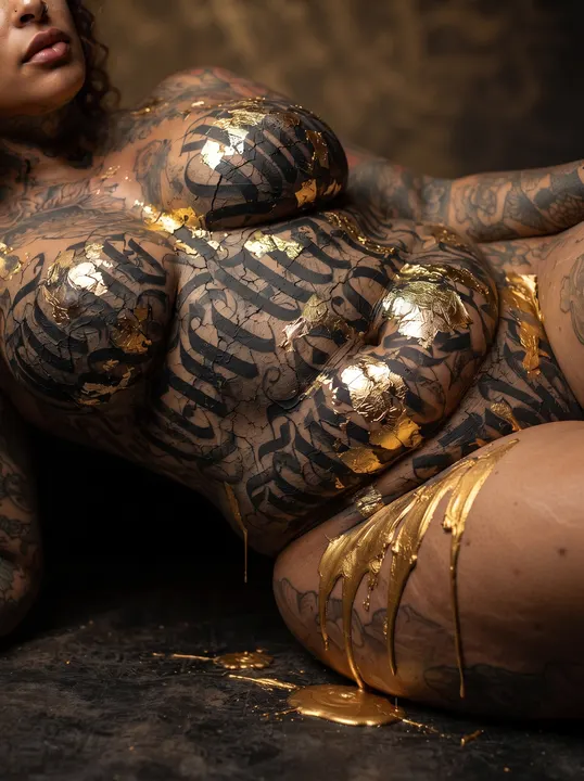 AI image: Close-up of gold-painted lettering across her body