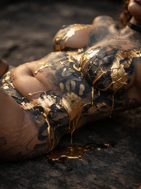 AI image: Gold body paint pooling on the floor beneath her