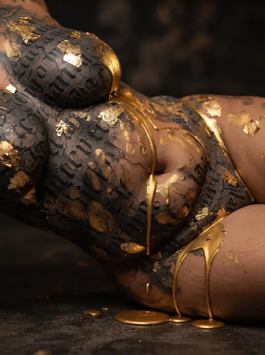 AI image: Gold paint dripping from lettering across her stomach