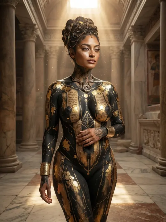 AI image: Onyx and gold body paint in a marble hall