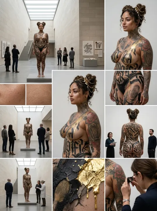 AI image: A gallery series: her painted figure on show, visitors looking on