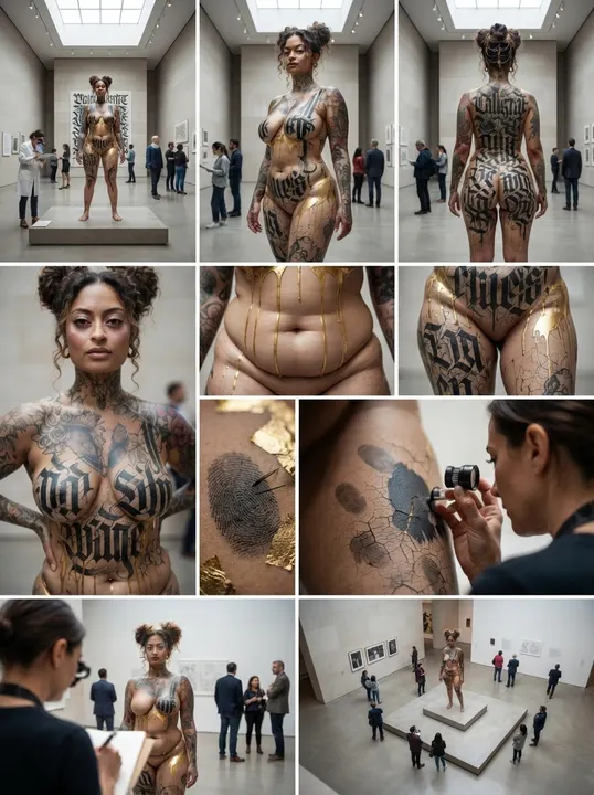 AI image: A gallery series: close-ups, and visitors photographing the paint
