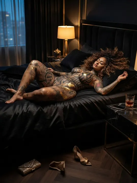 AI image: A painted woman lying on a bed in a dark city apartment