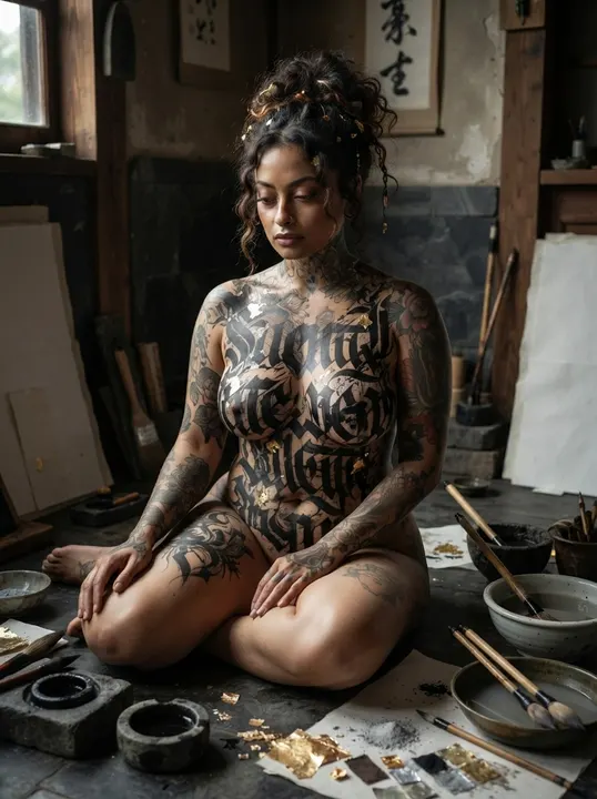 AI image: Kneeling in a studio among paint pots